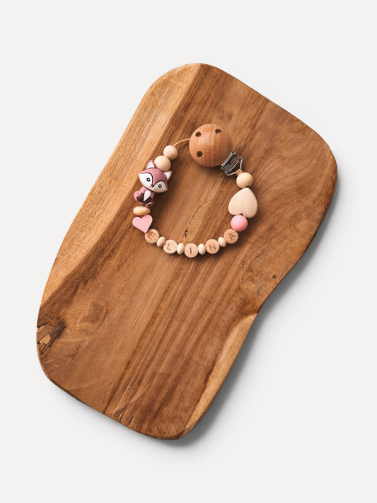 Schnullerkette | Fuchs rosa | aus Holz mit Namen personalisierbar