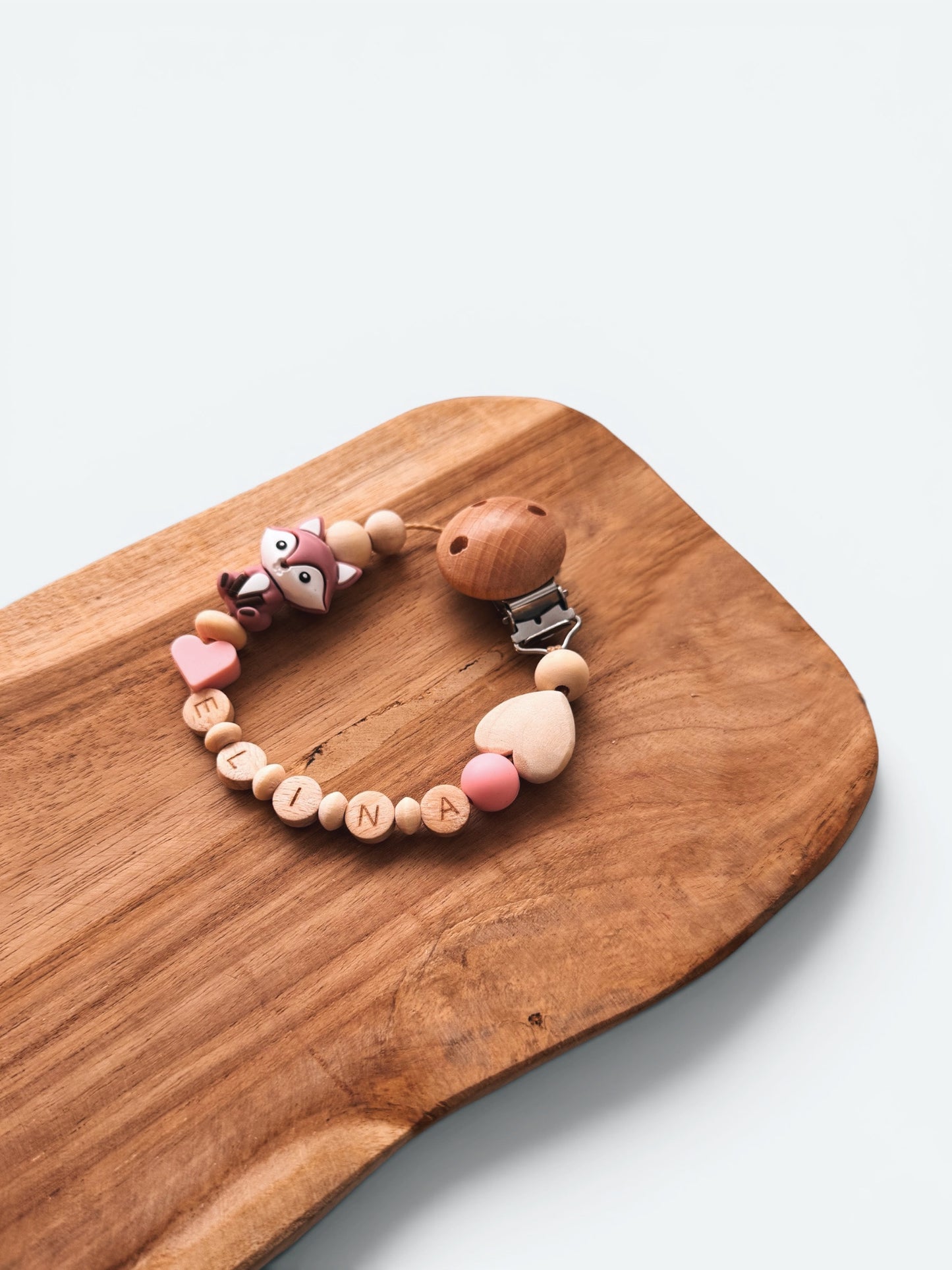 Schnullerkette | Fuchs rosa | aus Holz mit Namen personalisierbar
