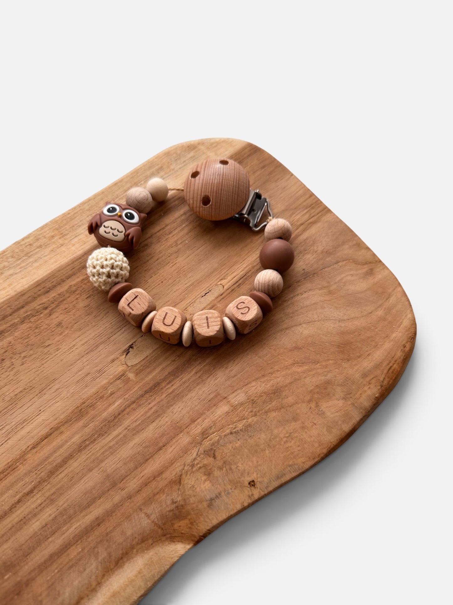 Schnullerkette ‚Eule‘ mit Namen personalisierbar | Buchenholz | braun & rosé