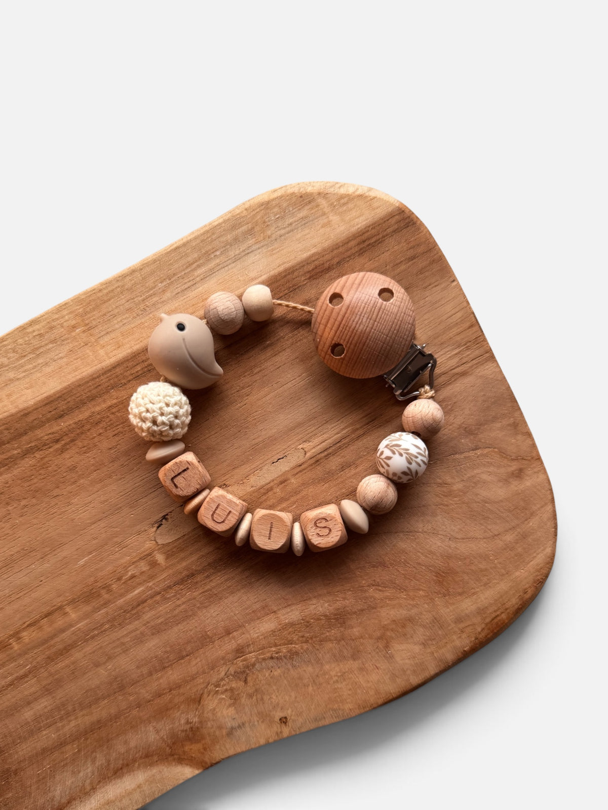 Schnullerkette Vogel mit Namen personalisierbar | Buchenholz | Grün & beige