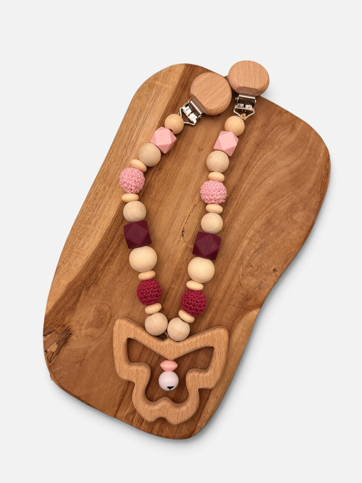 Rosaroter Schmetterlingstraum - Kinderwagenkette, Schnullerkette & Anhänger aus Holz- und Häkelperlen | Rosa / Beere