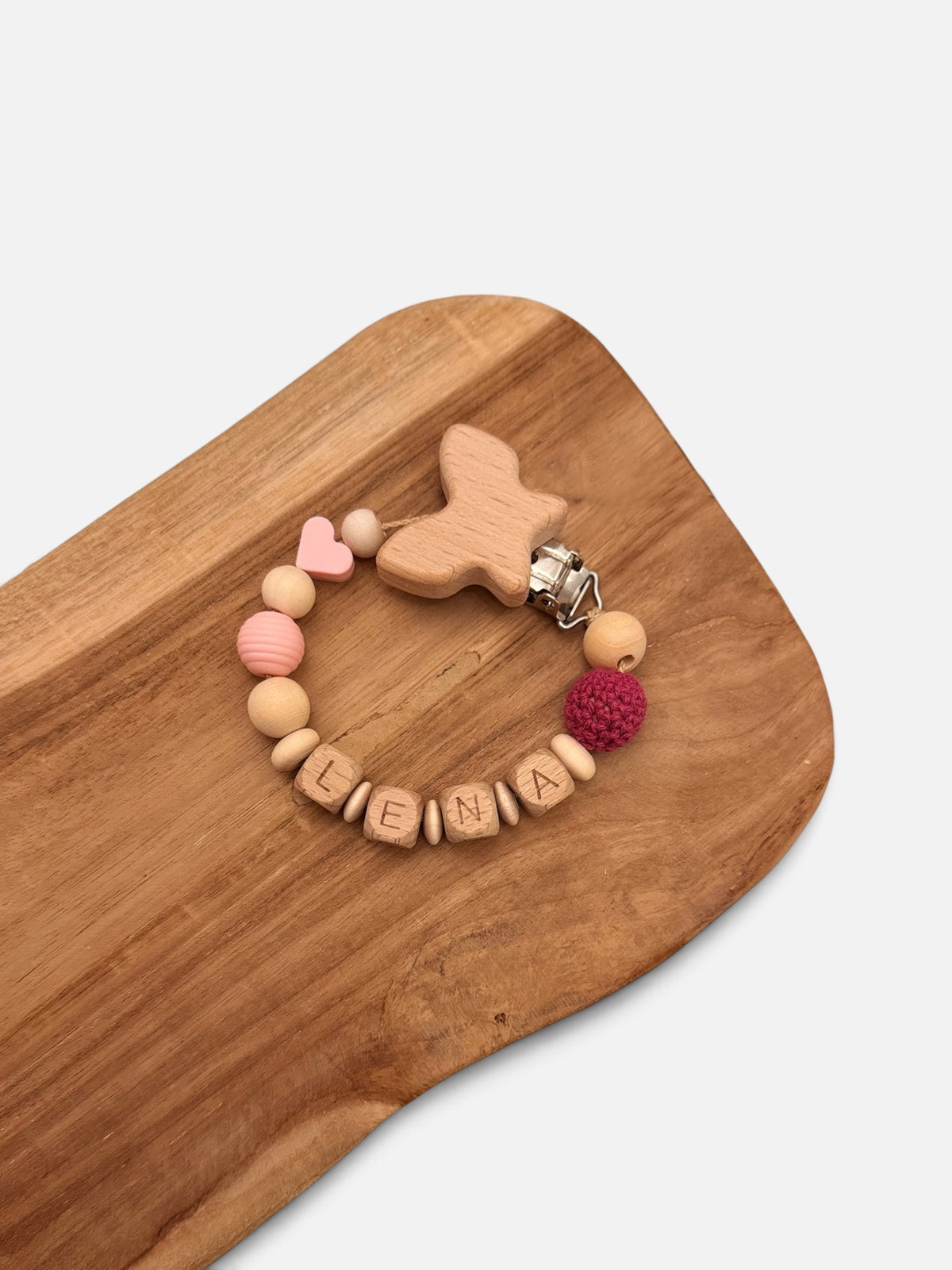 Rosaroter Schmetterlingstraum - Kinderwagenkette, Schnullerkette & Anhänger aus Holz- und Häkelperlen | Rosa / Beere