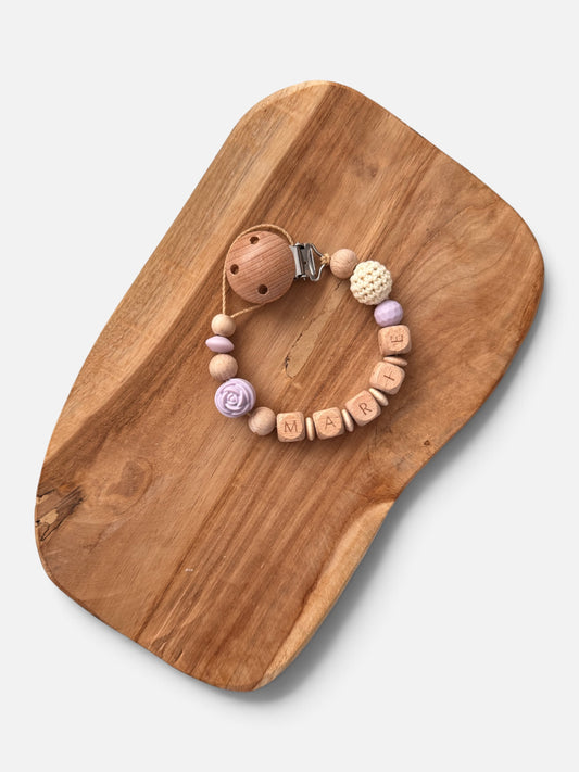 Schnullerkette Rose mit Namen personalisierbar | Flieder/Lila