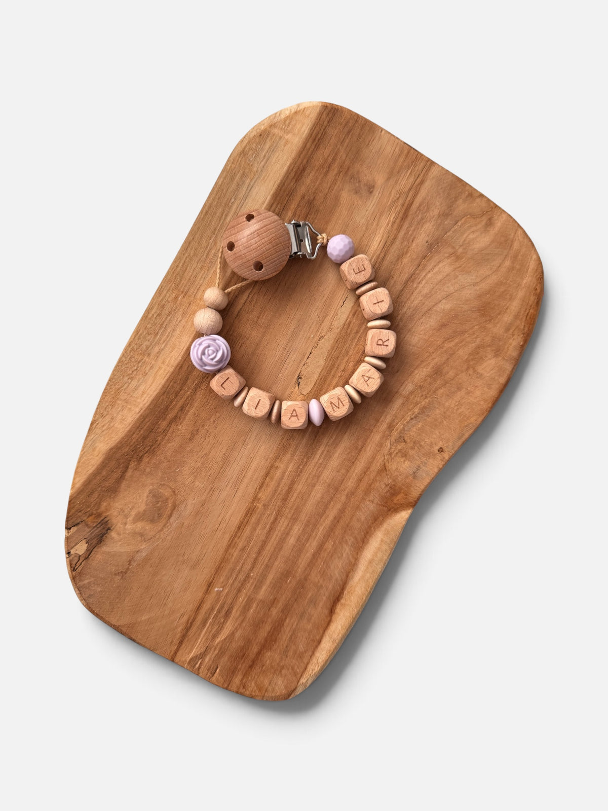 Schnullerkette Rose mit Namen personalisierbar | Flieder/Lila