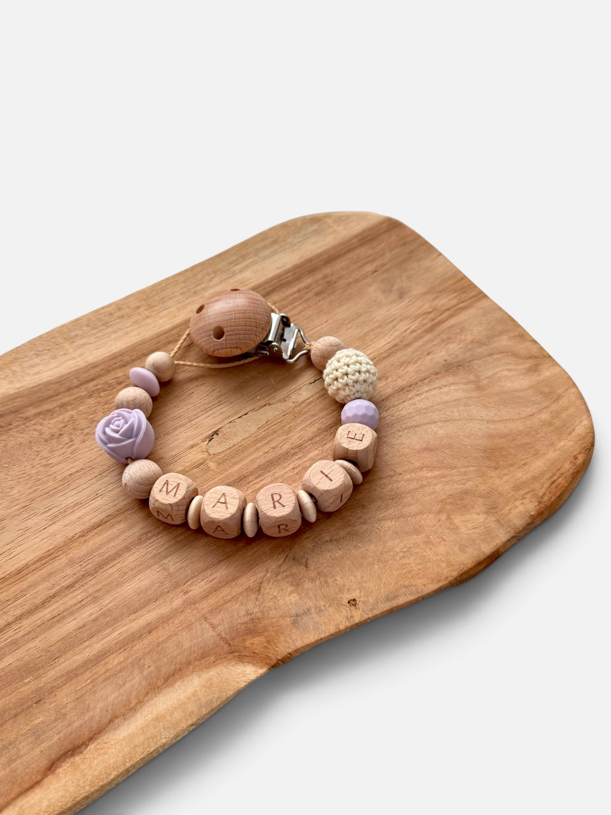 Schnullerkette Rose mit Namen personalisierbar | Flieder/Lila