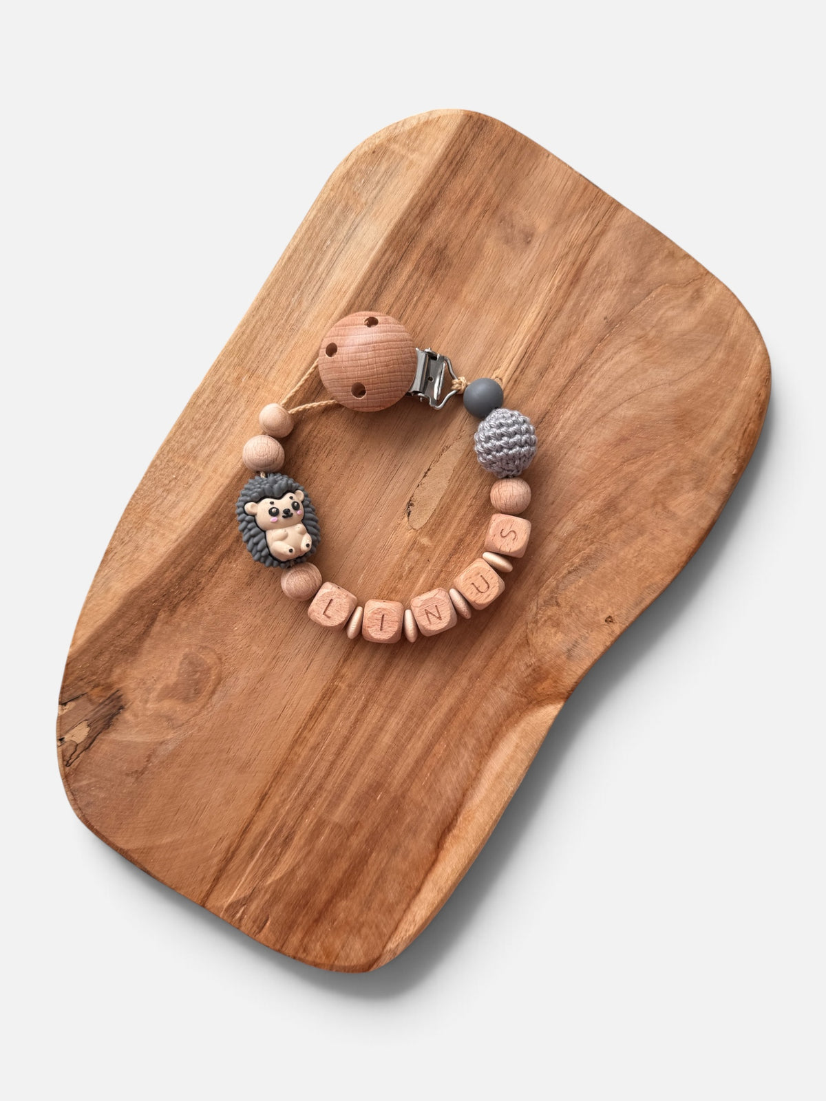Schnullerkette Igel aus Holzperlen CE Häkelperle grau Geschenk zur Geburt oder Taufe Baby Junge Mädchen Silikonring mam Schnuller 