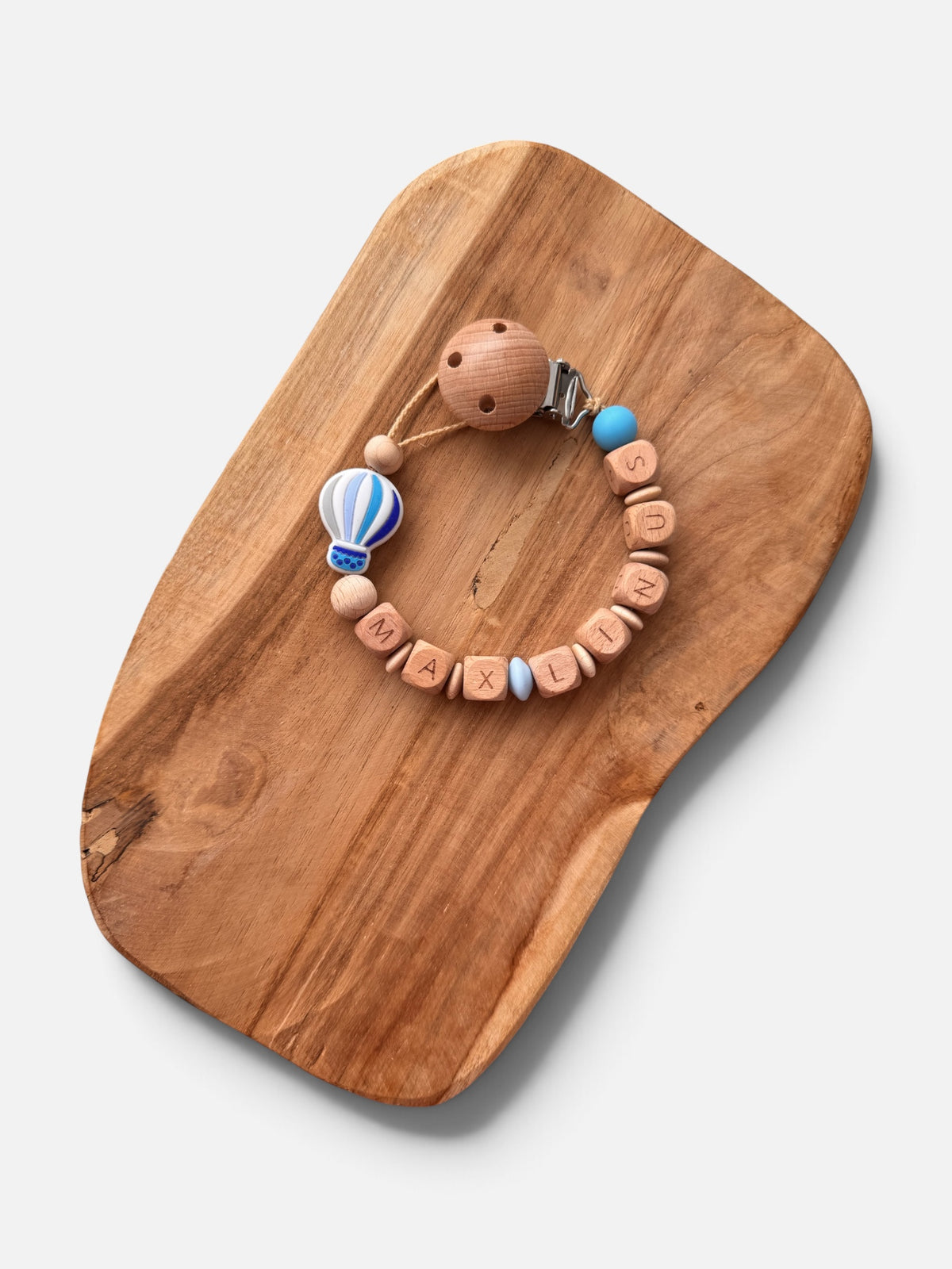 Schnullerkette & Anhänger für Babyschale / Spielbogen mit Namen personalisierbar | Heißluftballon | Blau