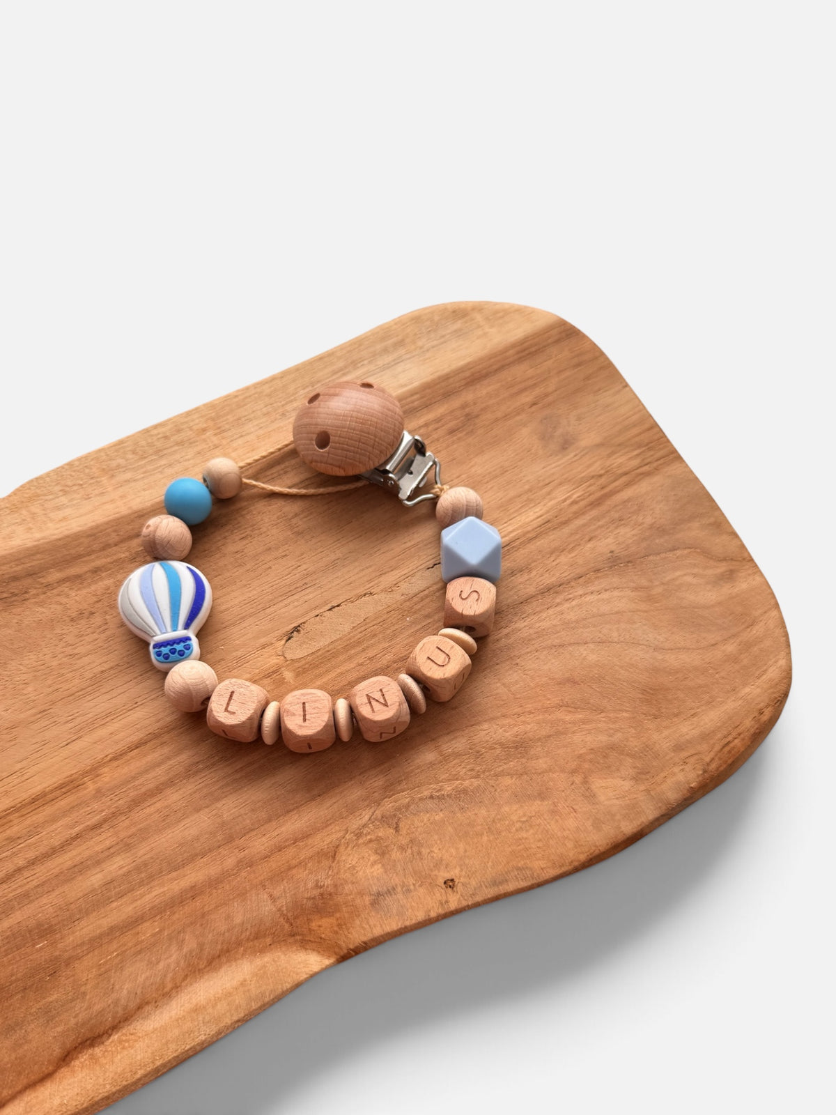 Schnullerkette & Anhänger für Babyschale / Spielbogen mit Namen personalisierbar | Heißluftballon | Blau