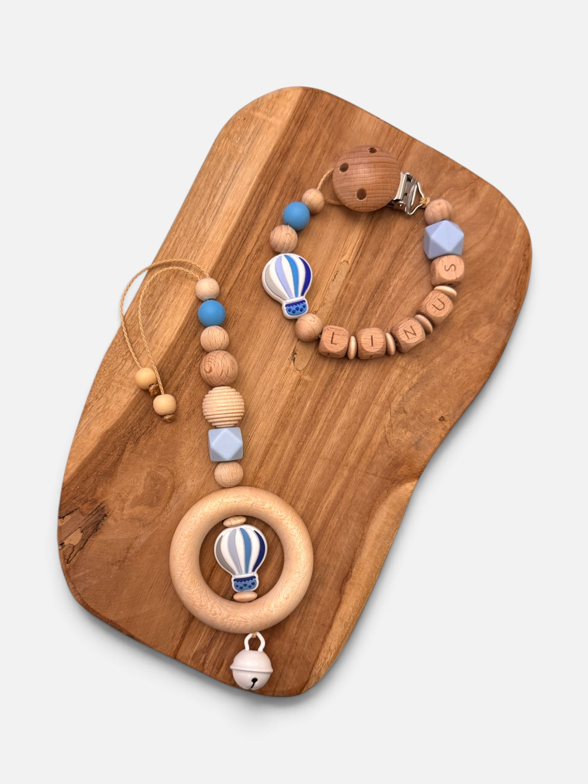 Schnullerkette & Anhänger für Babyschale / Spielbogen mit Namen personalisierbar | Heißluftballon | Blau
