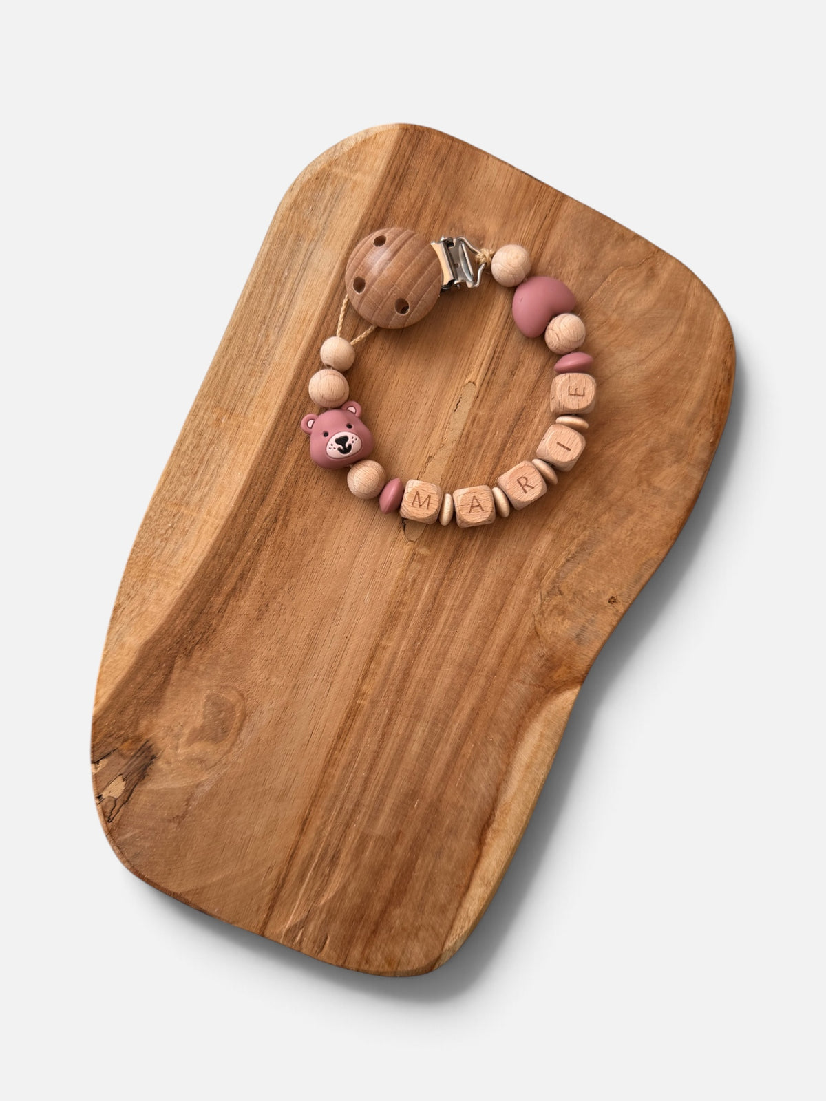 Schnullerkette Bär Rosé mit Namen personalisierbar