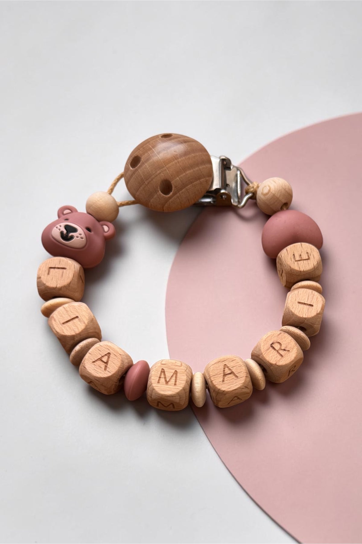 Schnullerkette Bär Rosé mit Namen personalisierbar