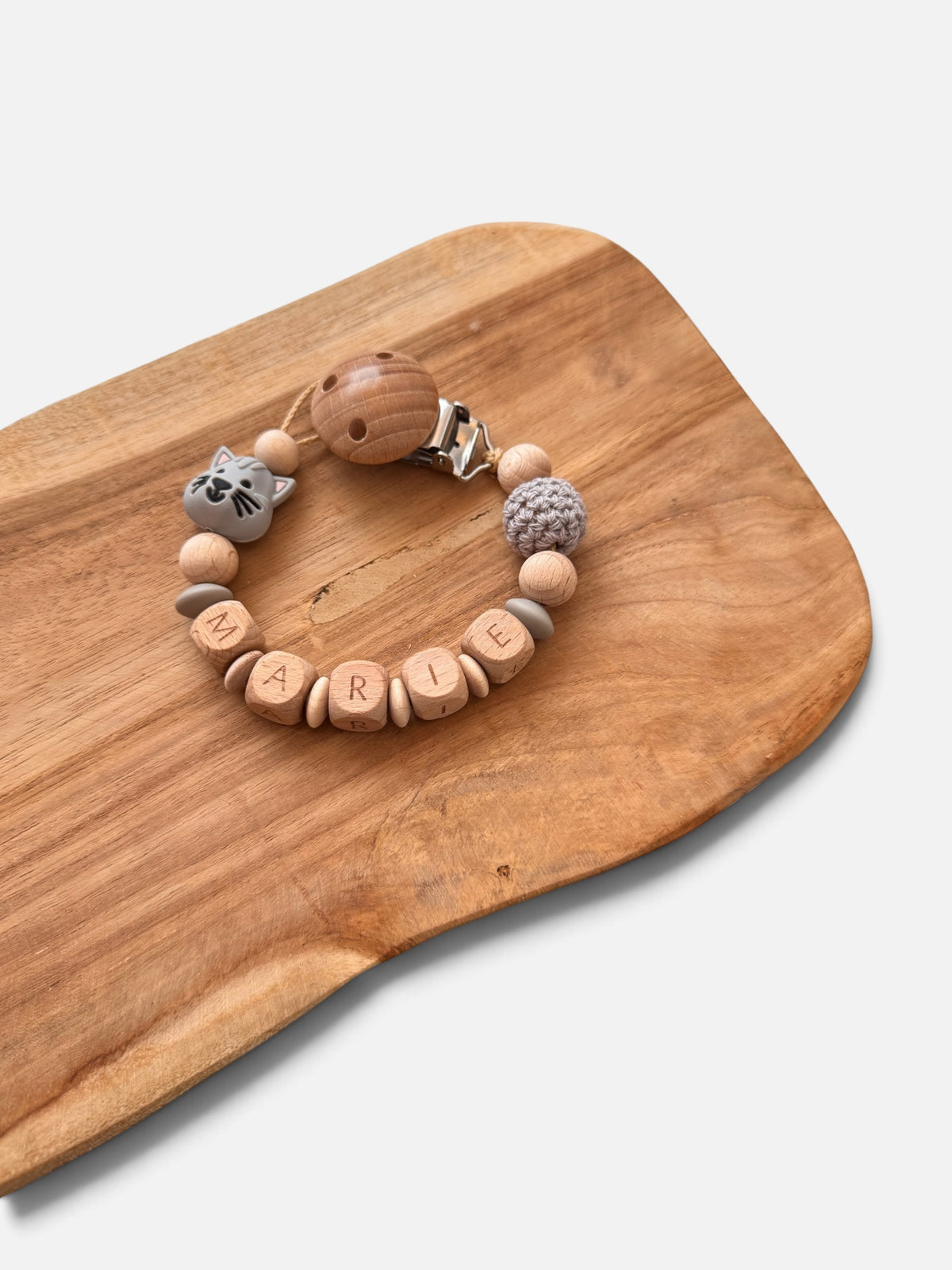 Schnullerkette Katze mit Namen personalisierbar | Beige & Grau