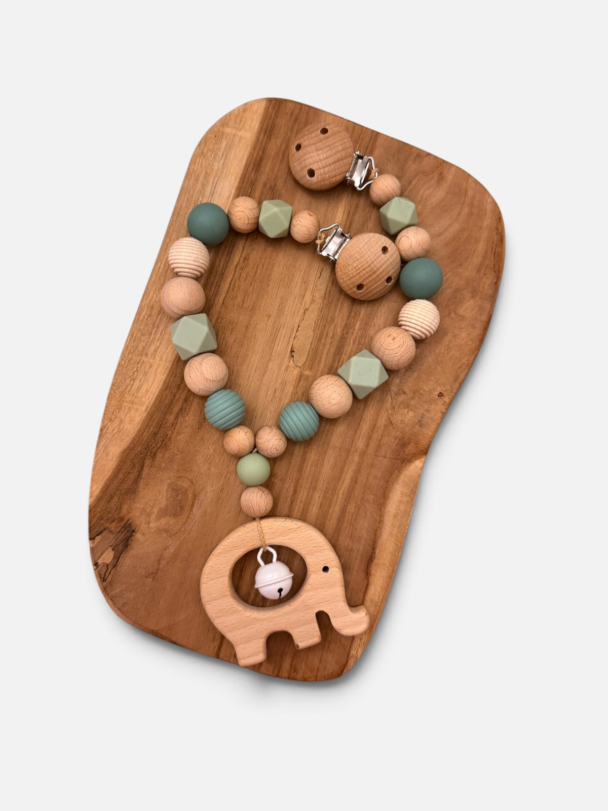 Kinderwagenkette „Elefant“ | aus Buchenholz- und Silikonperlen | blau/grün