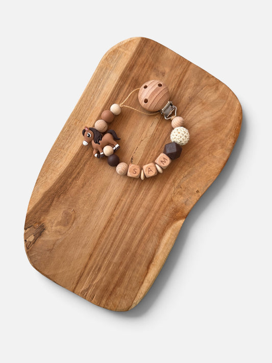 Schnullerkette Pferd mit Namen personalisierbar Geschenk zur Geburt oder Taufe Mädchen Junge Baby aus Holz und Silikonperlen mit Silikonring für mam Schnuller 