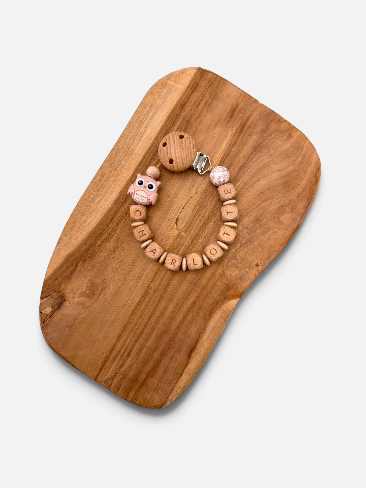 Schnullerkette ‚Eule‘ mit Namen personalisierbar | Buchenholz | braun & rosé